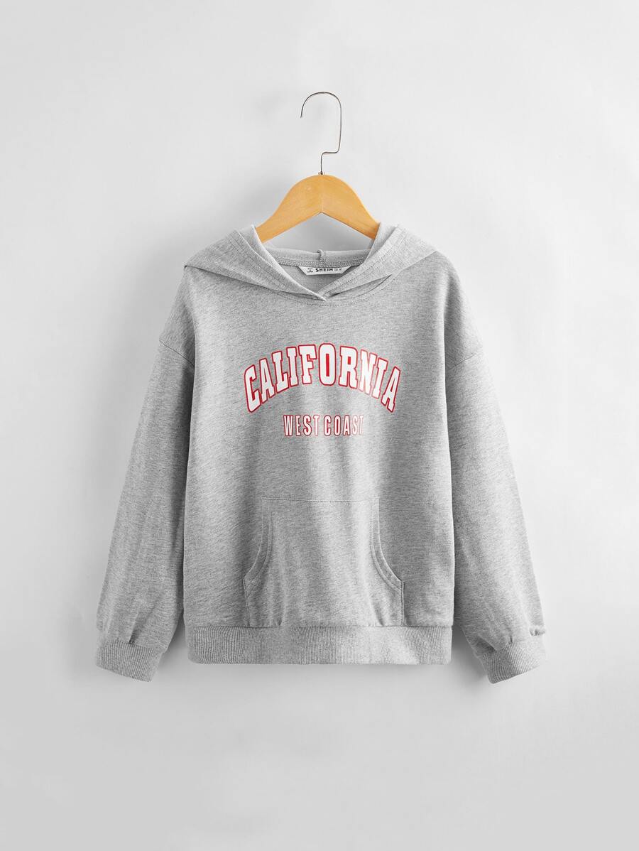 SHEIN Girls Drop Shoulder Pouch Pocket Hoodie - Grey - View 1