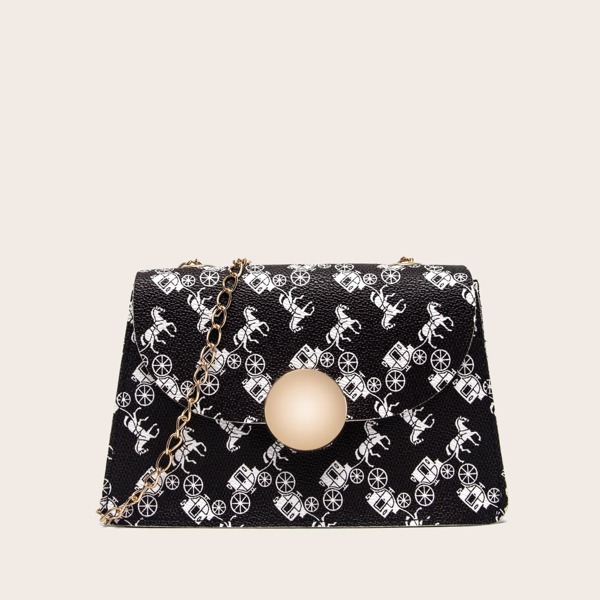 

Horse Pattern Flap Crossbody Bag, Black