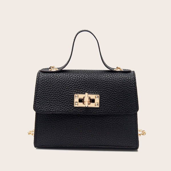 

Turn-Lock Flap Satchel Bag, Black