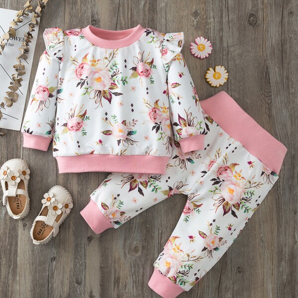 

Baby Girl Floral Ruffle Sweatshirt With Joggers, White