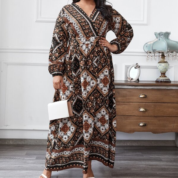 

Plus Surplice Neck Scarf Print A-line Dress, Multicolor