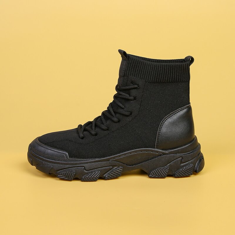 

Lace-up Front Knit Panel Boots, Black