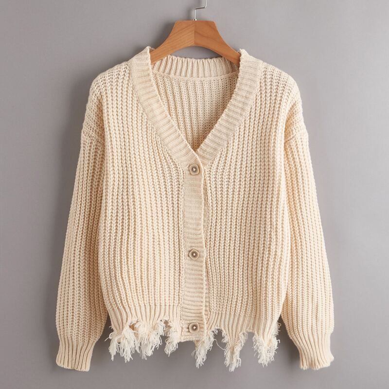 

Solid Distressed Button Front Cardigan, Beige