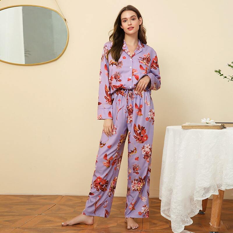 

Floral Print Button Up PJ Set, Lilac purple