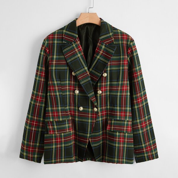 

Plus Tartan Plaid Double Button Blazer, Multicolor