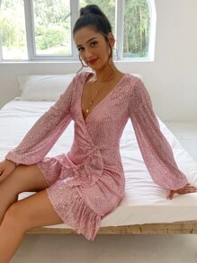 D&M Surplice Neck Lantern Sleeve Ruffle Hem Sequin Dress - Baby Pink - View 1