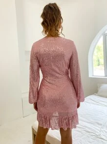 D&M Surplice Neck Lantern Sleeve Ruffle Hem Sequin Dress - Baby Pink - View 2