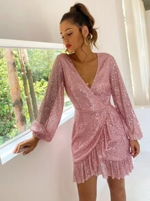 D&M Surplice Neck Lantern Sleeve Ruffle Hem Sequin Dress - Baby Pink - View 3