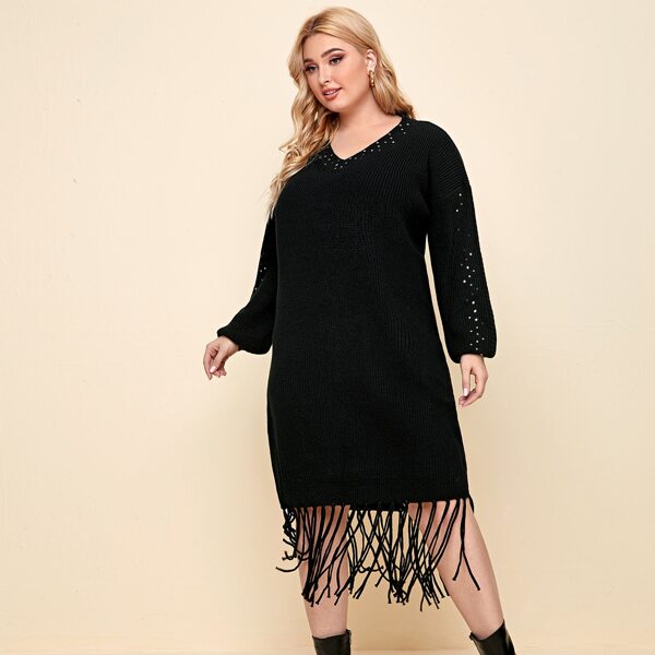 

Plus Sequin Neck and Sleeve Fringe Hem Sweater Dress, Black