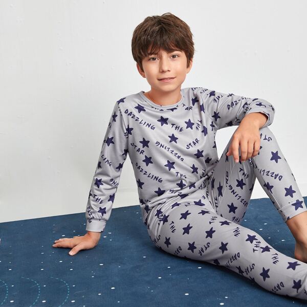 

Boys Letter And Star Print Tee & Pants, Grey