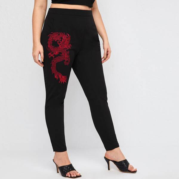 

Plus Chinese Dragon Embroidery Fitted Pants, Black