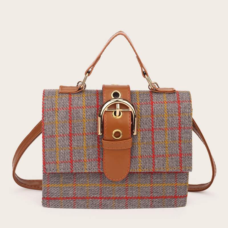 

Buckle Decor Plaid Satchel Bag, Brown