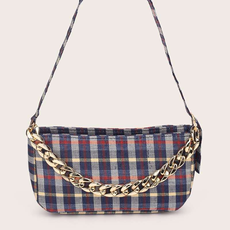 

Plaid Pattern Chain Baguette Bag, Blue