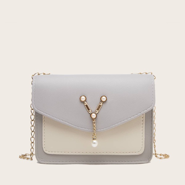

Faux Pearl Decor Flap Chain Crossbody Bag, Grey