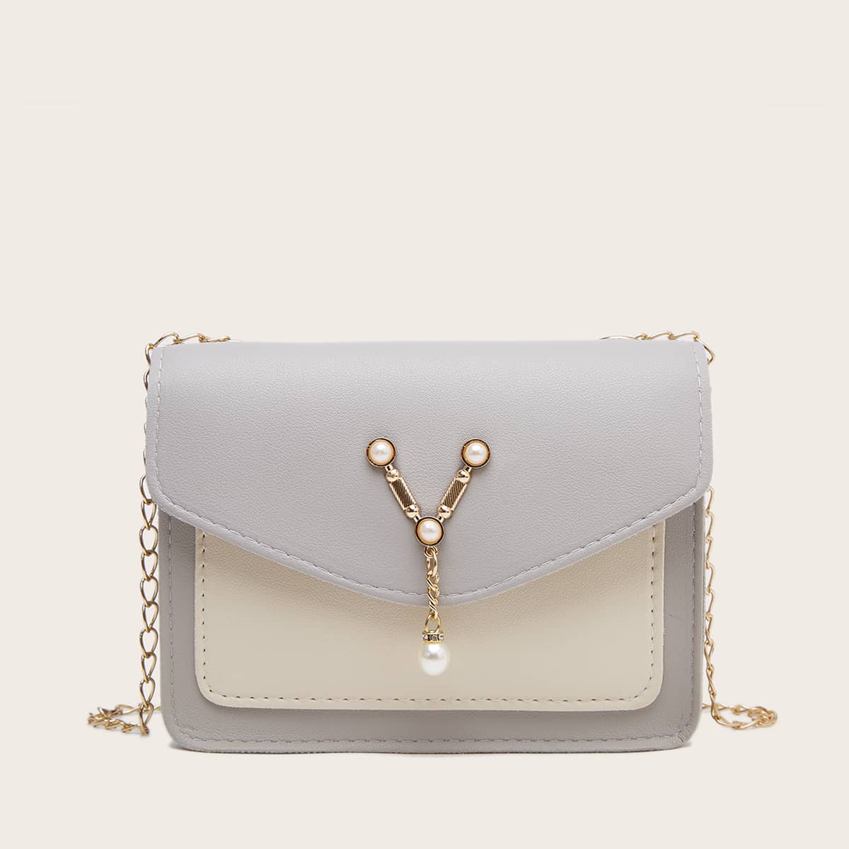 

Faux Pearl Decor Flap Chain Crossbody Bag, Grey