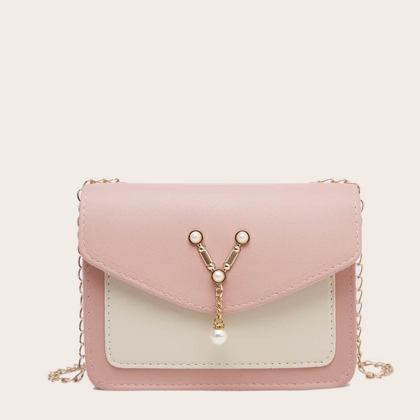 

Faux Pearl Decor Flap Chain Crossbody Bag, Pink