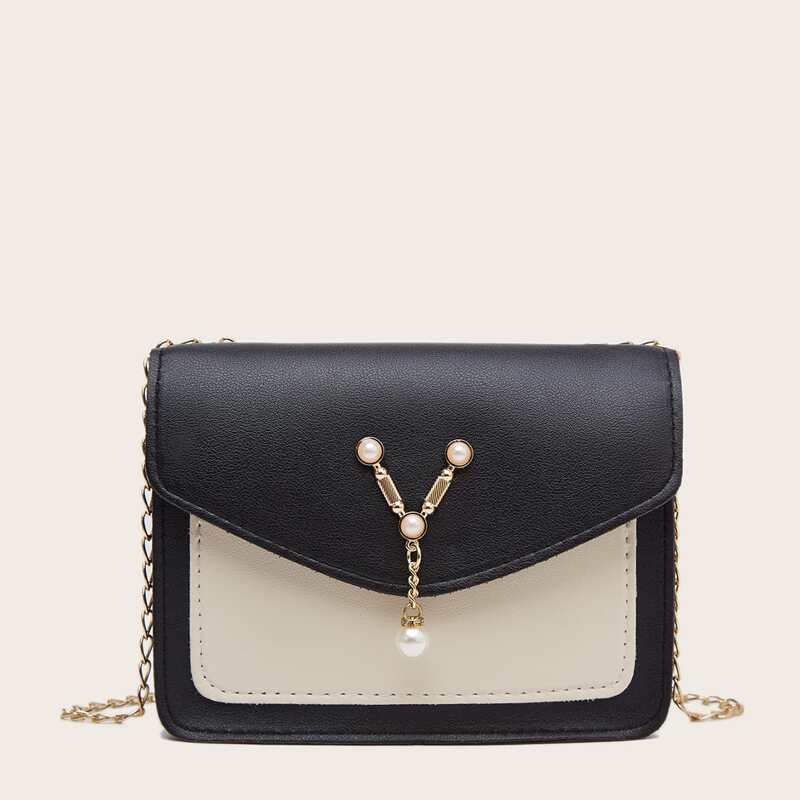 

Faux Pearl Decor Flap Chain Crossbody Bag, Black