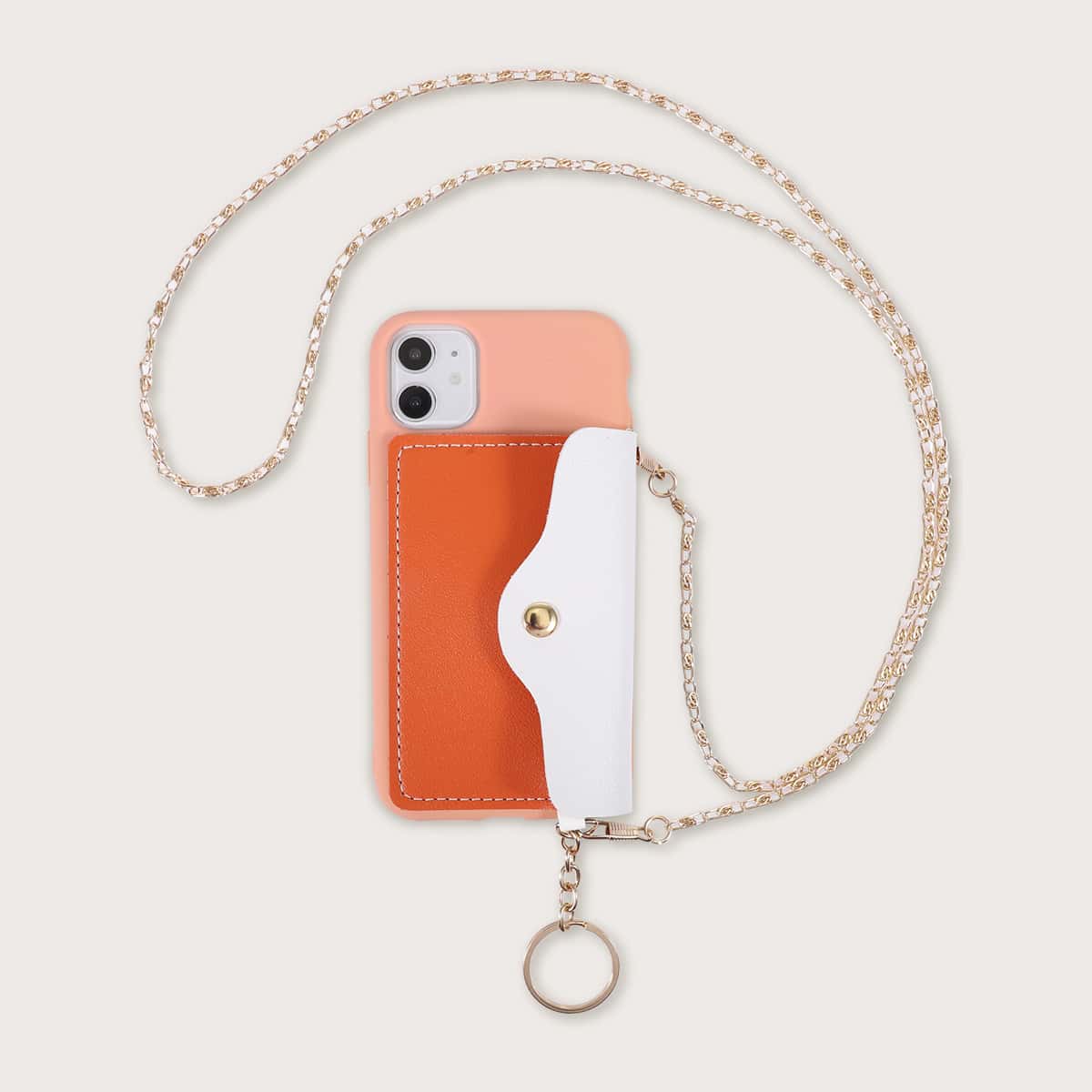

1pc Chain Detail Wallet iPhone Case, Orange