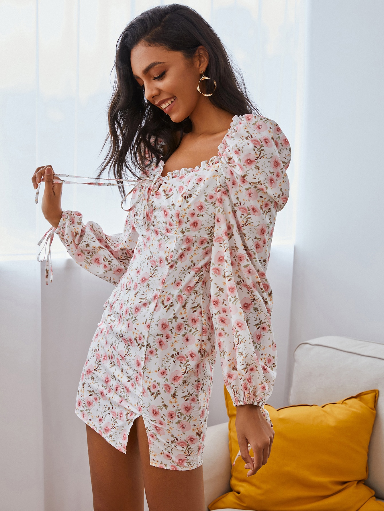 Lantern Sleeve Tie Neck Slit Hem Floral Dress thumbnail
