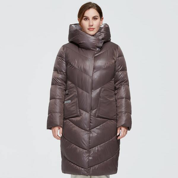 

Astrid Plus Patch Pocket Zip Up Hooded Puffer Coat, Mocha brown