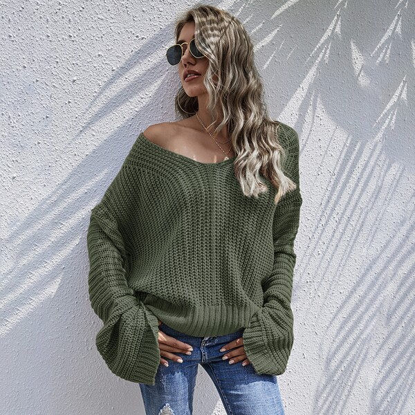 

Drop Shoulder Chunky Knit Oversize Sweater, Army green