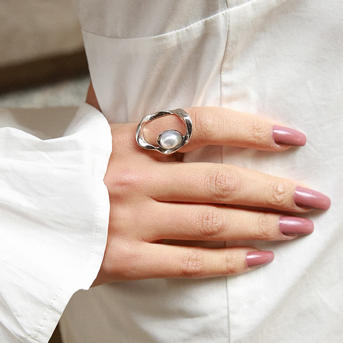 

Faux Pearl Decor Ring, Silver