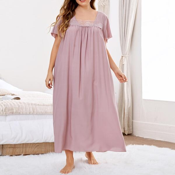 

Plus Contrast Lace Solid Night Dress, Dusty pink