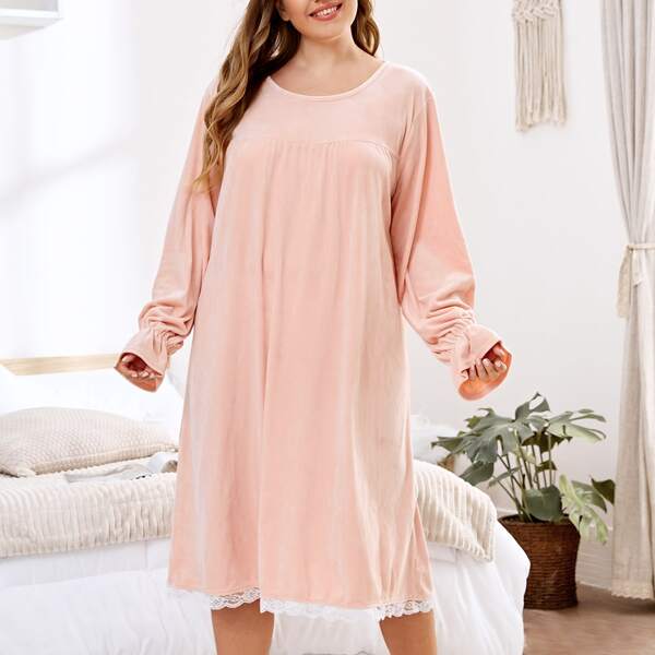 

Plus Contrast Lace Velvet Night Dress, Baby pink