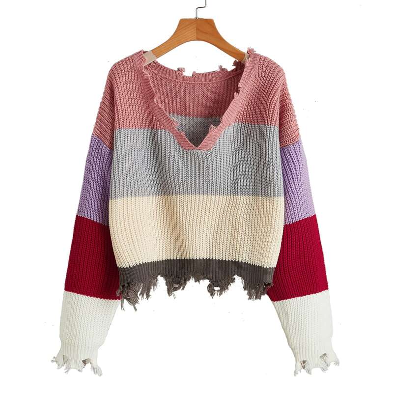 

Drop Shoulder Colorblock Frayed Hem Sweater, Multicolor