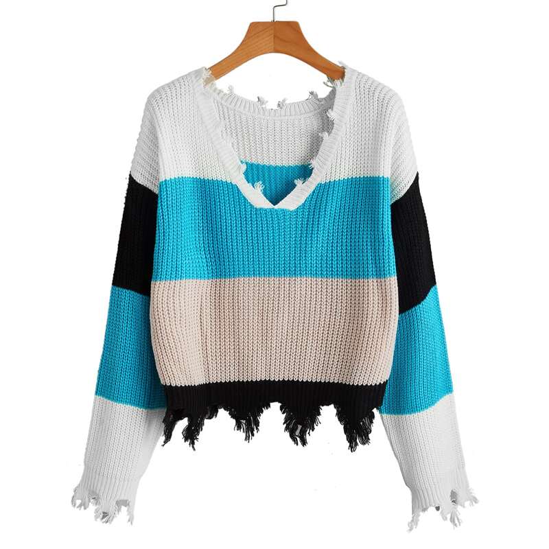 

Drop Shoulder Colorblock Distressed Hem Sweater, Multicolor