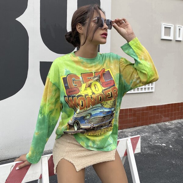 

MEYSIKIM Drop Shoulder Letter & Car Graphic Oversized Tee, Multicolor