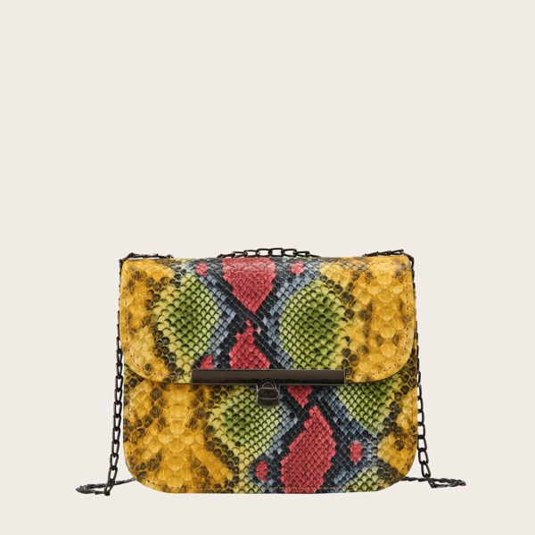 

Snakeskin Print Flap Chain Shoulder Bag, Yellow