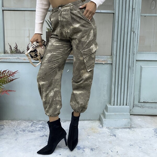 

Drawstring Hem Camo Cargo Pants, Army green