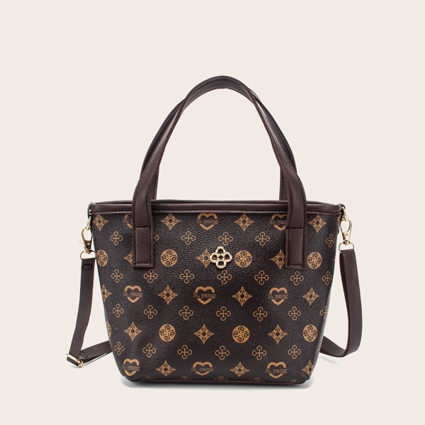 

Geometric Graphic Satchel Bag, Coffee brown