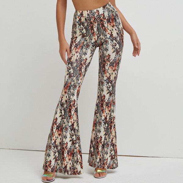 

High Waist Mixed Animal Print Flare Leg Pants, Multicolor