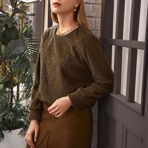 

Keyhole Back Fluffy Knit Sweater, Mocha brown