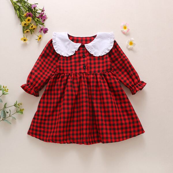 

Baby Girl Gingham Print Half Button Dress, Multicolor