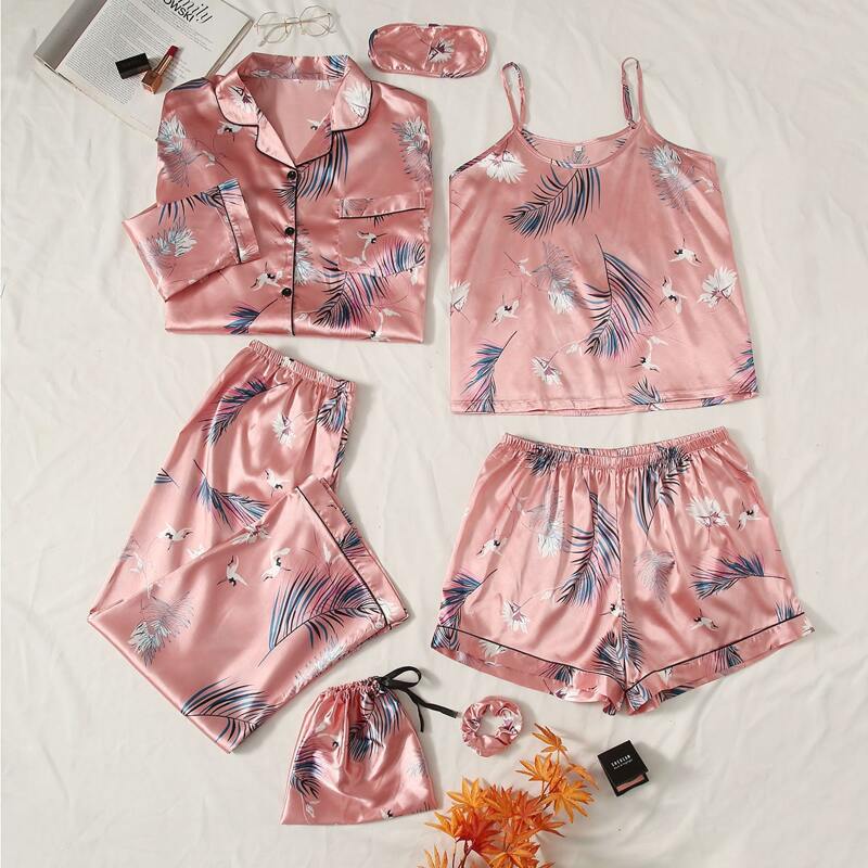 

Plus 7pcs Crane & Plants Print Satin PJ Set, Dusty pink