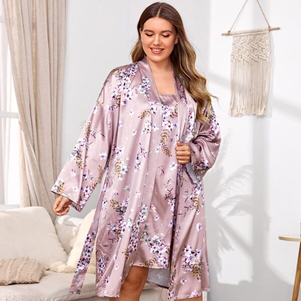 

Plus Allover Floral Print Satin Cami Dress & Belted Robe PJ Set, Dusty pink