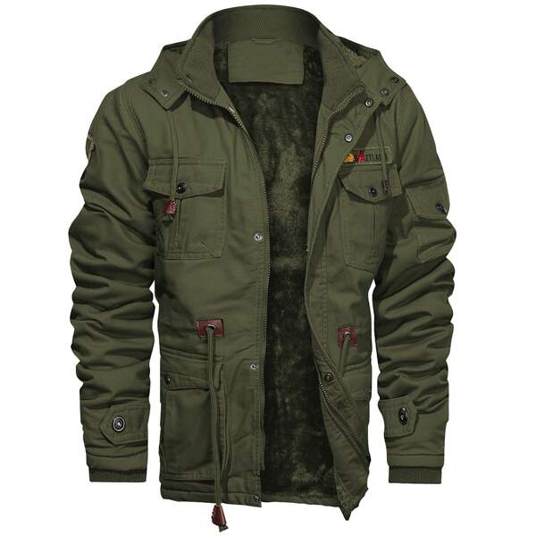 

Men Patched Drawstring Waist Zip Up Hooded Jacket, Army green