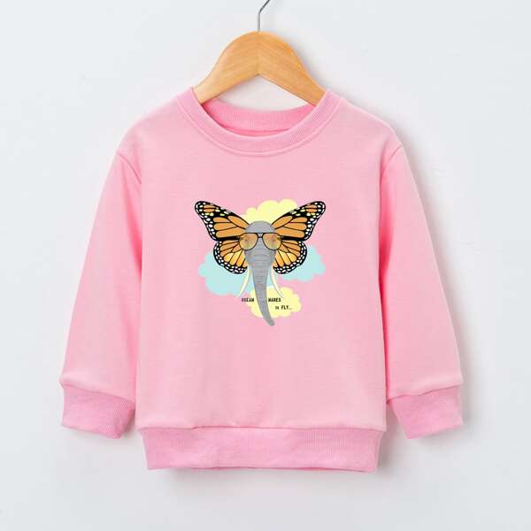

Girls Butterfly & Elephant Print Sweatshirt, Baby pink