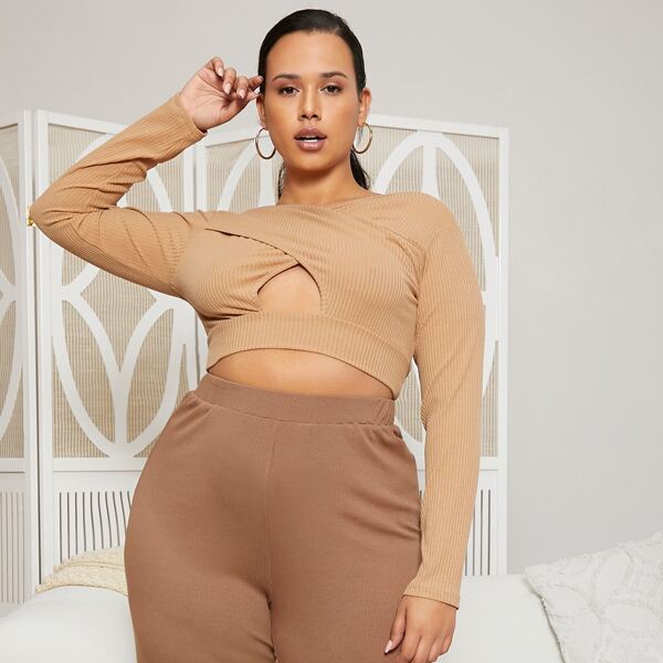 

Plus Cross Wrap Front Peekaboo Crop Top, Apricot