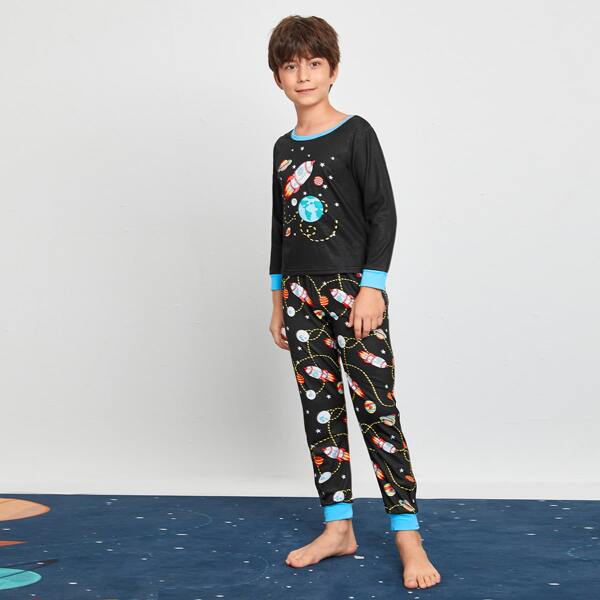 

Boys Cartoon Rocket And Planet Print PJ Set, Multicolor