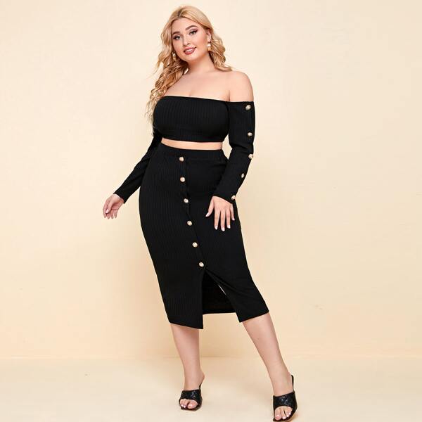 

Plus Button Detail Rib-knit Bardot Tee and Pencil Skirt Set, Black