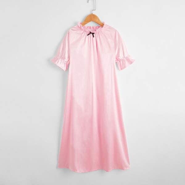 

Girls Frill Neck Flounce Sleeve Bow Detail Satin Night Dress, Baby pink