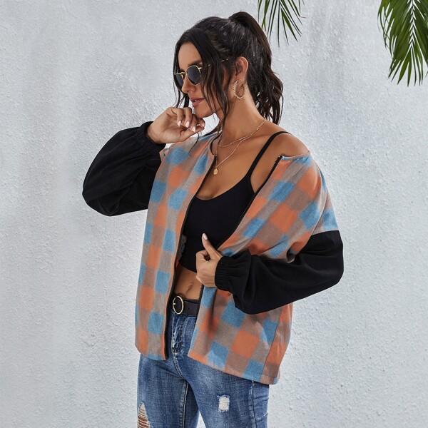 

Plaid Print Zip Up Drop Shoulder Jacket, Multicolor