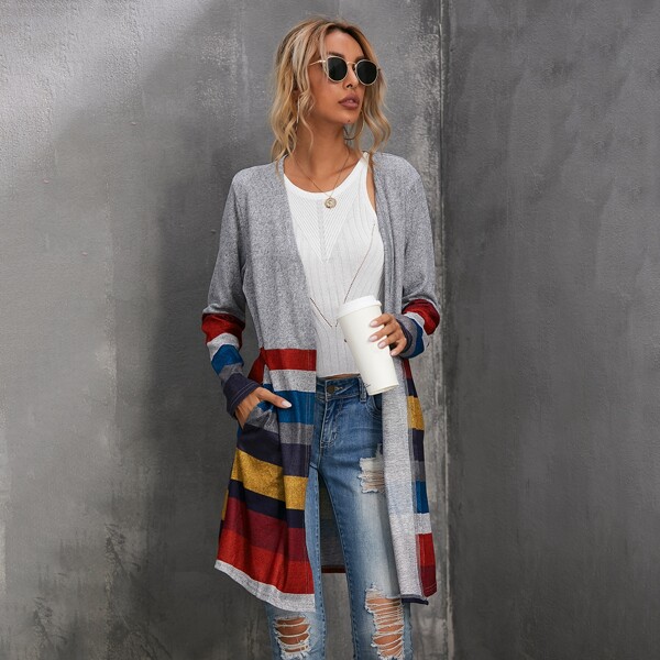 

Striped Print Open Front Slant Pocket Coat, Multicolor