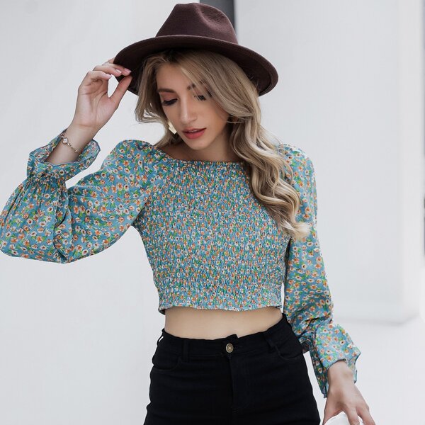 

Flounce Sleeve Ditsy Floral Shirred Blouse, Cadet blue