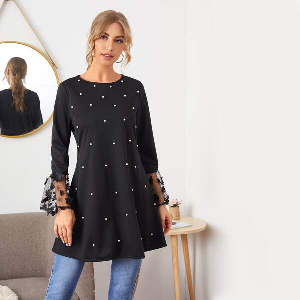 

Contrast Mesh Floral Appliques Pearls Longline Tee, Black