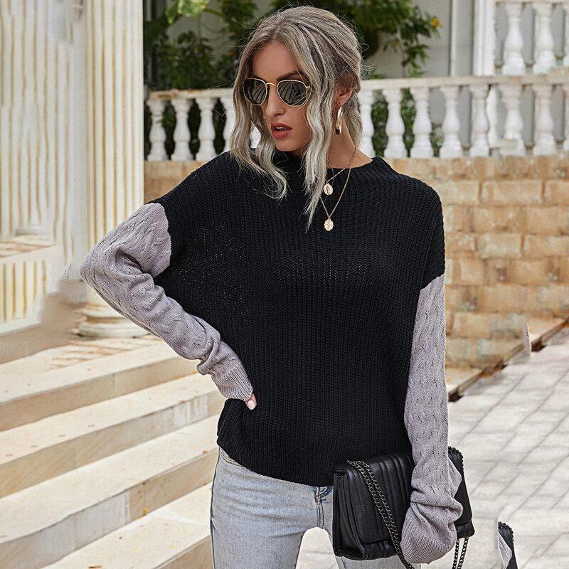 

Cable Knit Contrast Sleeve Sweater, Multicolor